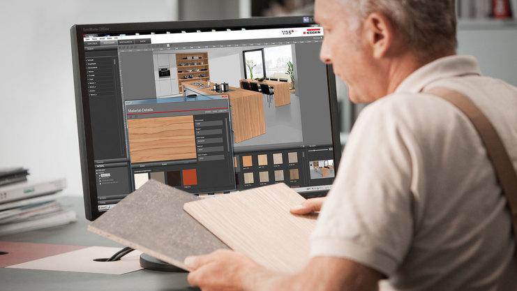 Abwägen von Holzmaterialien durch #Branche1# Abwägen von Holzmaterialien und Farben durch #Branche1# während einer 3D Küchenplanung